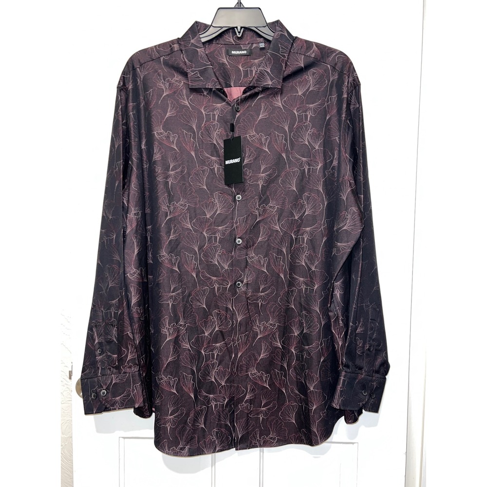 NWT Murano Mens 3XB Button Up Shirt Long Sleeve Ginkgo Leaf Floral Burgundy